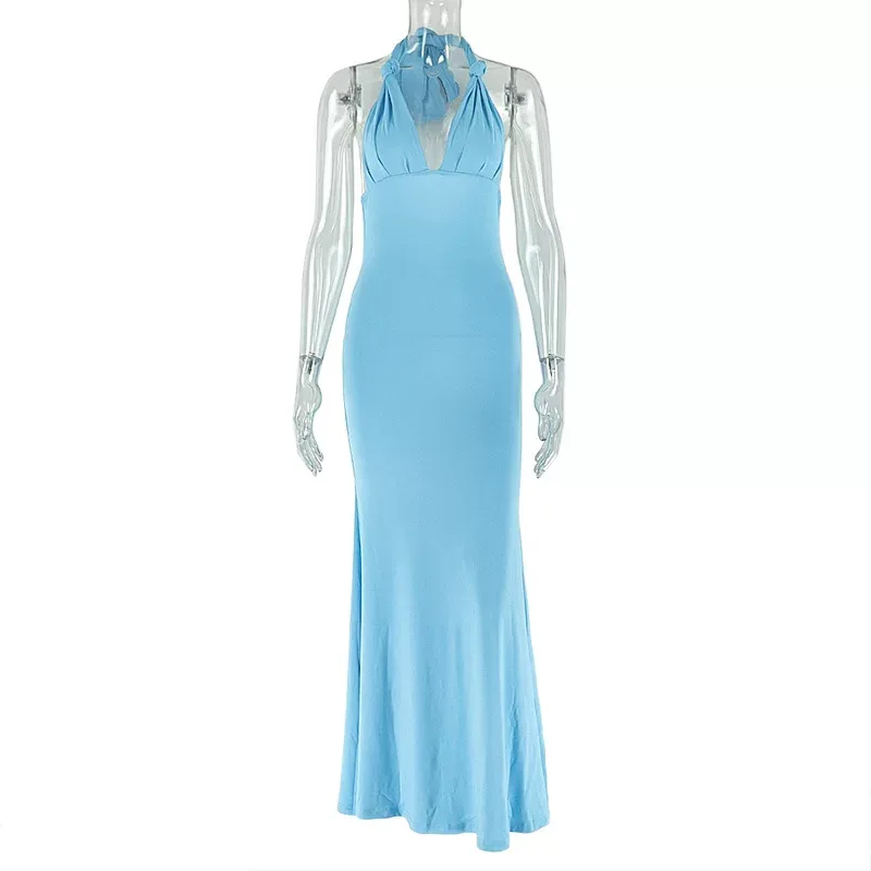 Elegant Womens Bodycon Dress Halter Neck Sleeveless Solid Color Backless Design Perfect for Part