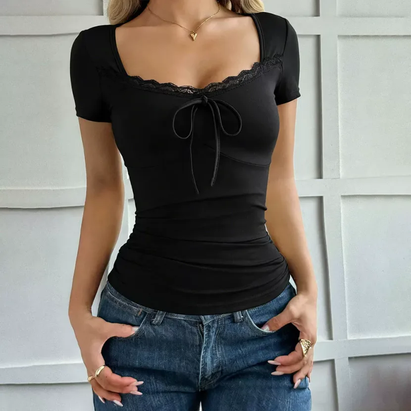 Lace Short Sleeve Top Square Neck Slim Fit Adjustable Tie Design Versatile Summer T Shirt Wholes