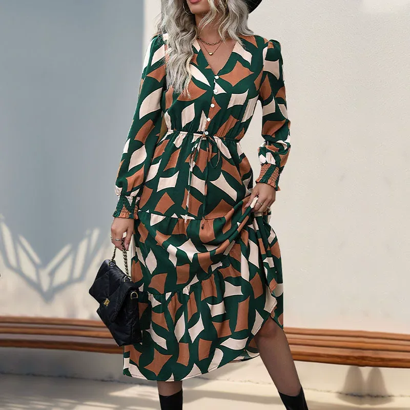Womens Autumn Dress Irregular Pattern Printed Fabric Casual Style Wholesale Available OEM ODM se