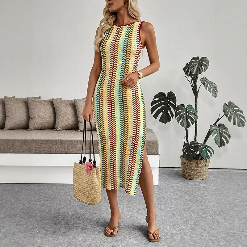 Sleeveless Striped Color Block Bodycon Dress Round Neck Ethnic Style Vacation Wear Wholesale Ava