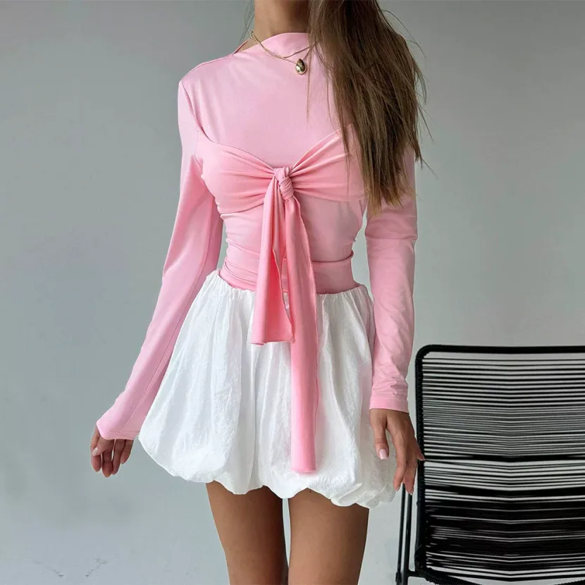 Womens Sweet and Sexy Knot Front T Shirt Slim Fit Long Sleeve Spring Summer Pink Top Wholesale A