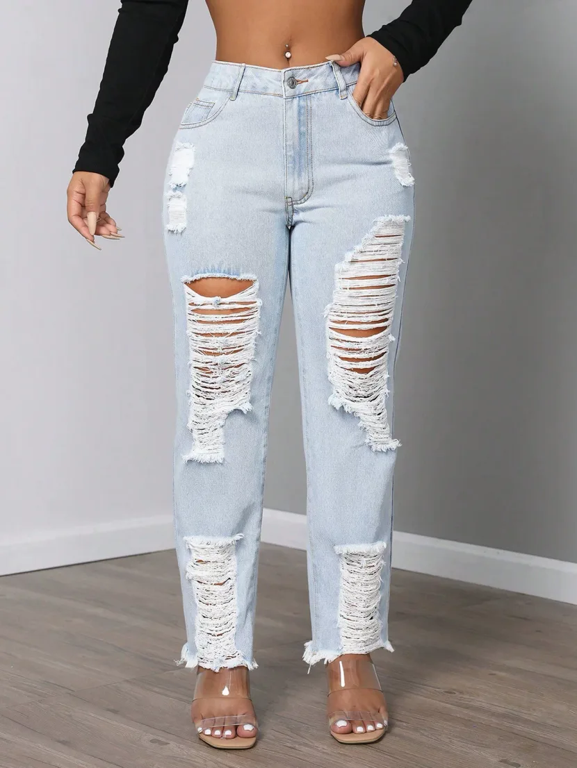 Womens Mid Rise Fashionable Ripped Denim Jeans Casual Style Comfortable Fit Versatile Wear Whole