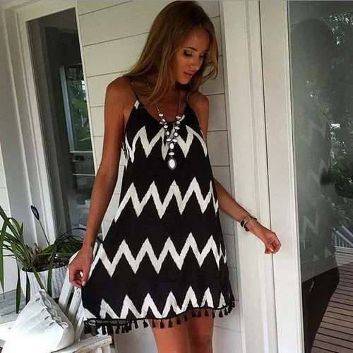 Backless Wave Pattern Maxi Dress Tassel Detail Sleeveless Lightweight Fabric Beachwear for Summe