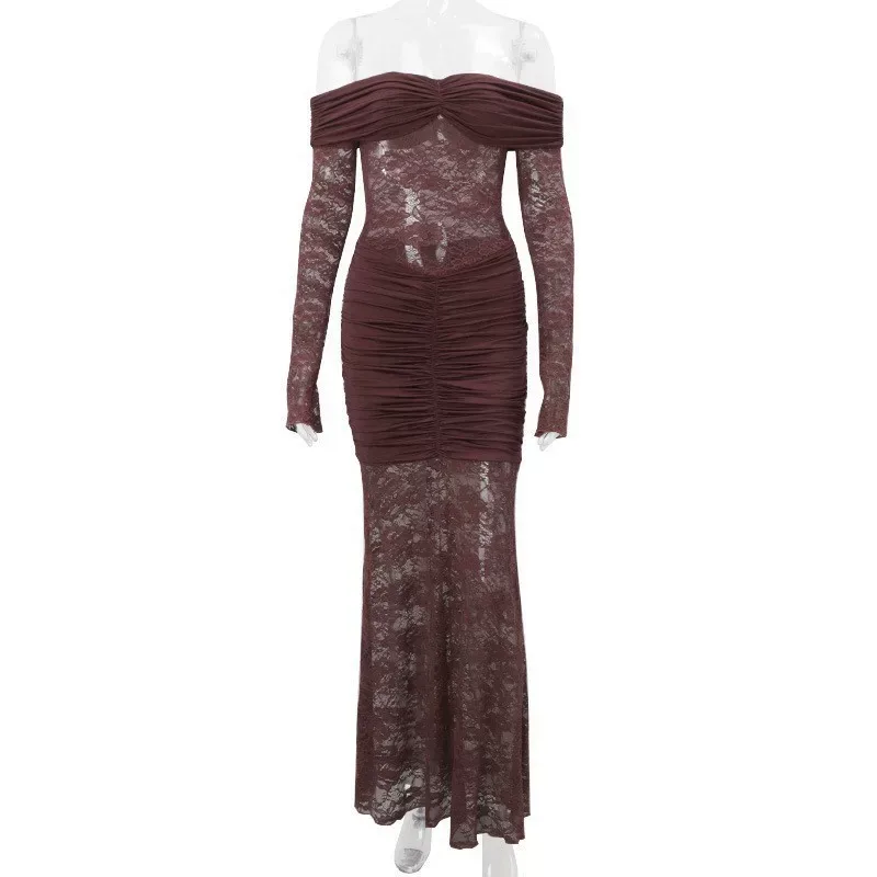 Off Shoulder Lace Trimmed Bodycon Dress Long Sleeve Ruffled Design Elegant Style Perfect for Aut