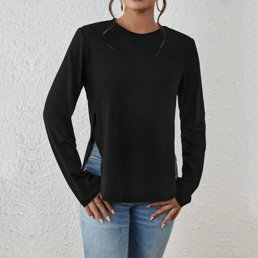 Womens Casual Loose Fit Long Sleeve T Shirt Round Neck Side Slit Versatile Style Autumn Winter C