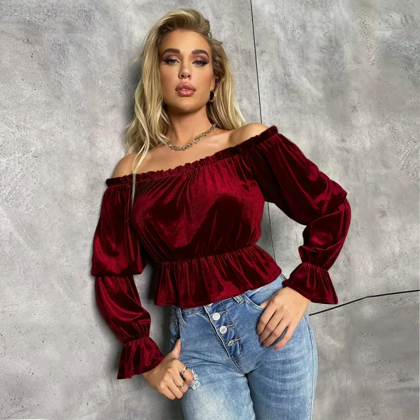 Womens Long Sleeve T Shirt Off Shoulder Neckline Ruffle Detail French Style Velvet Fabric Spring