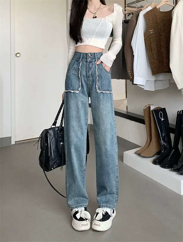 直筒阔腿牛仔裤女2023早春新款学生高腰显瘦宽松小个子直筒长裤潮