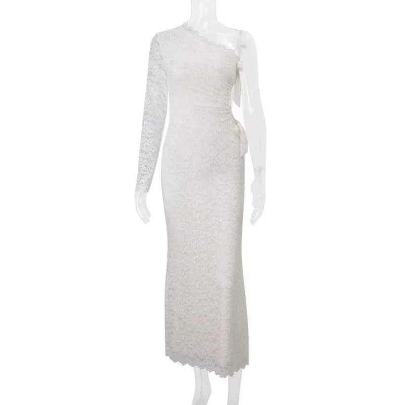 Lace One Shoulder Dress Sexy Hollow Out Long Sleeve Bow Detail Autumn Winter Fashion Wholesale A