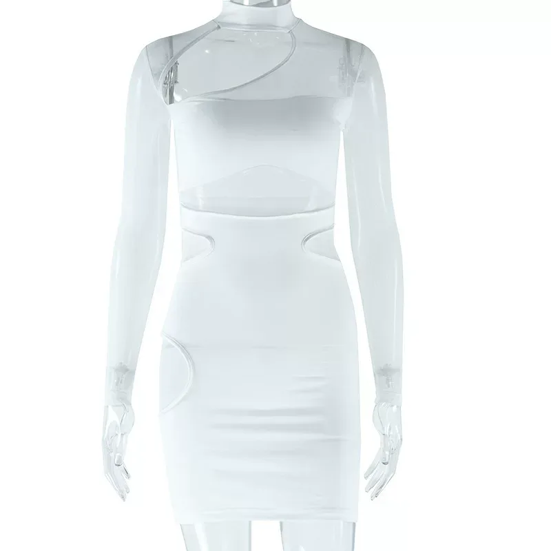 Elegant Womens Bodycon Dress Solid Color Hollow Out Mesh Paneling Perfect for Parties and Events