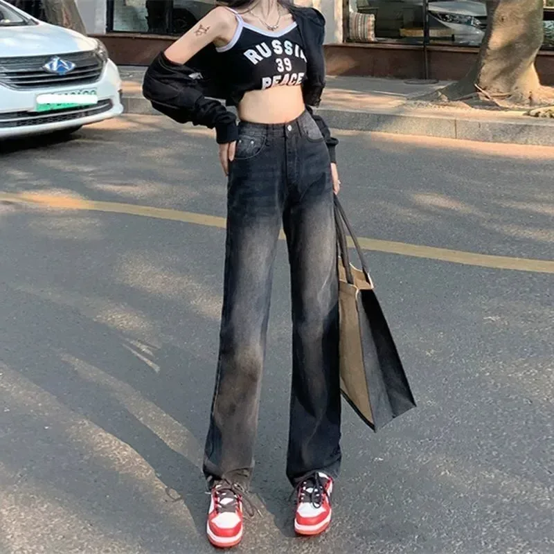 美式高腰直筒牛仔裤女2023春季设计感高街辣妹宽松阔腿拖地休闲裤