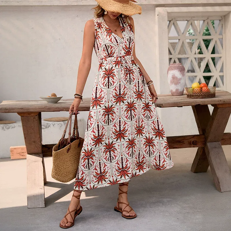 Tropical Floral Print Maxi Dress Sleeveless V Neck Flowy Design Perfect for Vacation or Resort W