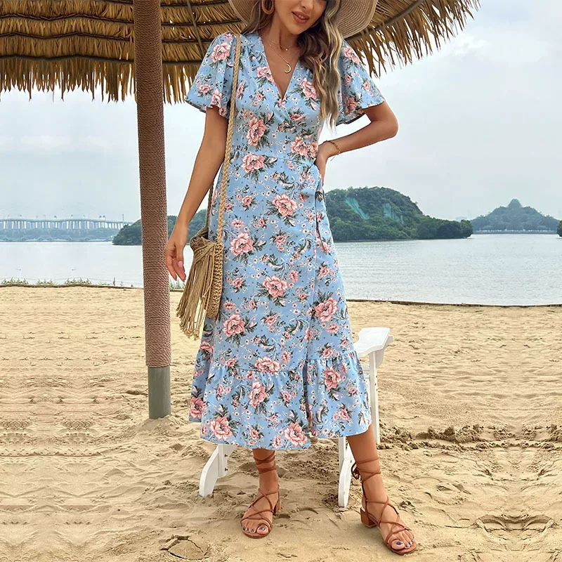 Elegant Summer Beach Dress for Women European Style Lace Up Design Lightweight Fabric Perfect fo