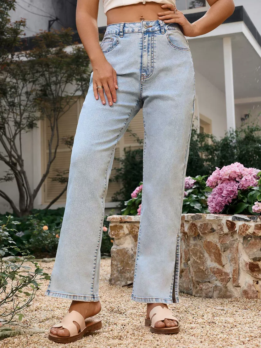 Casual Straight Leg Denim Jeans High Split Design European and American Style Comfortable Fit Wh