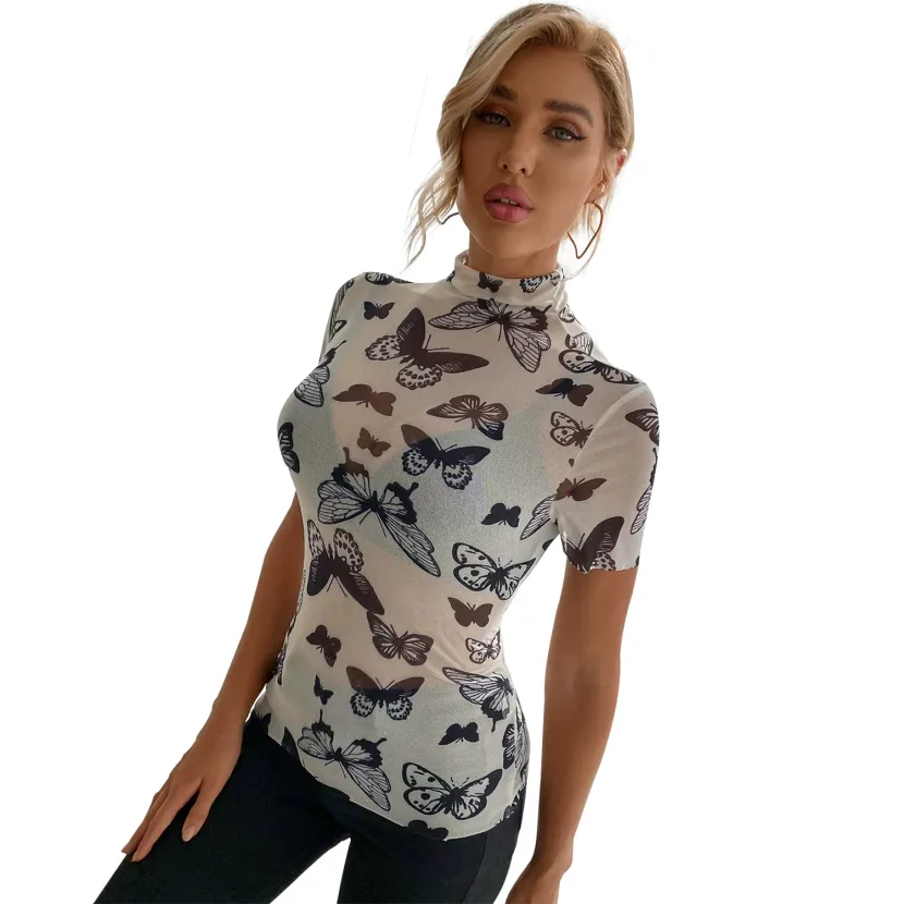 Fashionable Womens Printed Mesh T Shirt Slim Fit Casual Style Trendy Design Perfect for Everyday