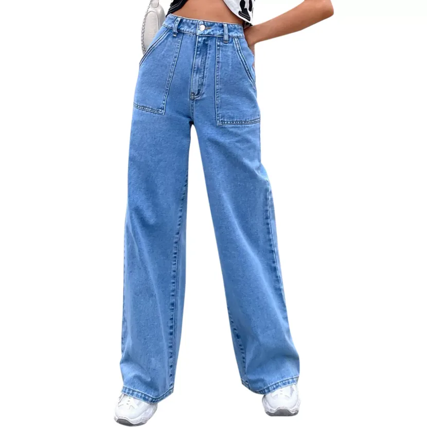 High Waisted Straight Leg Jeans Large Pockets Casual Style Comfortable Fit Perfect for Everyday