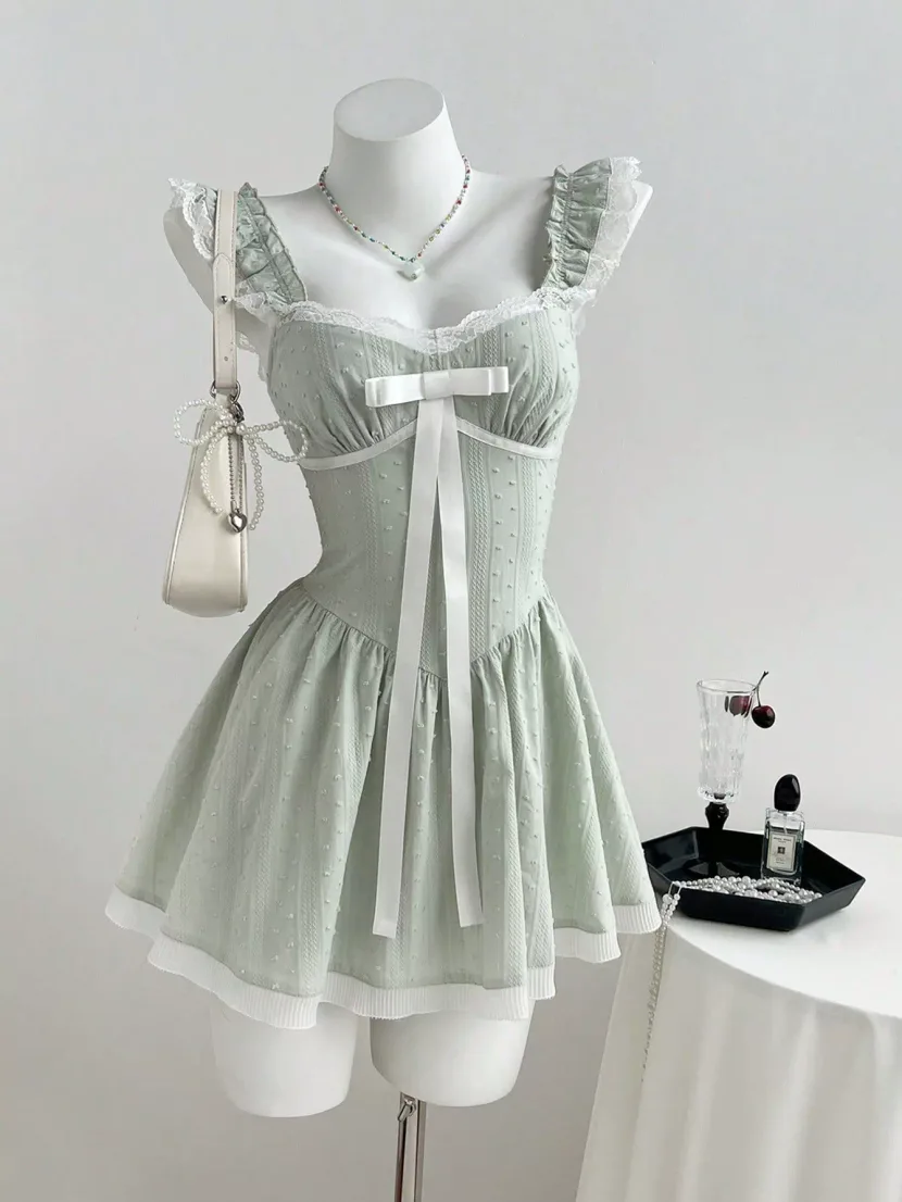 Lace Trim Bow Tie Mini Dress Womens Sleeveless Elegant Design Perfect for Parties Ready to Ship