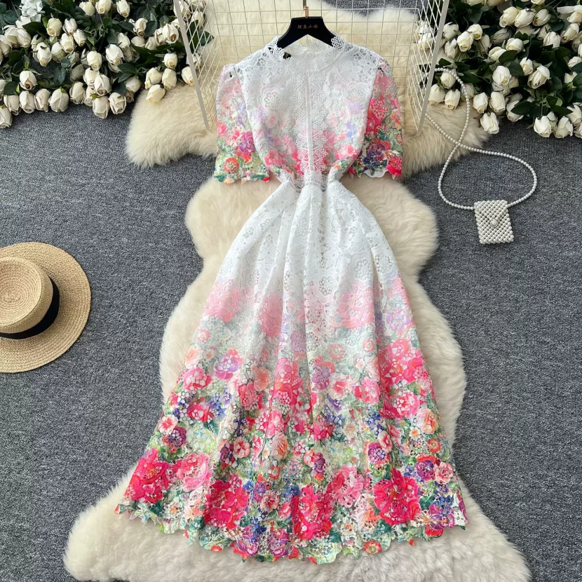 Gradient Floral Maxi Dress for Women Elegant Lace Details Summer Fashion low MOQ
