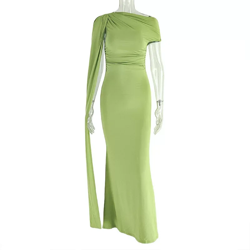 Elegant Womens Midi Dress Slim Fit Ruffled Asymmetrical Neckline Solid Color Tie Detail Perfect