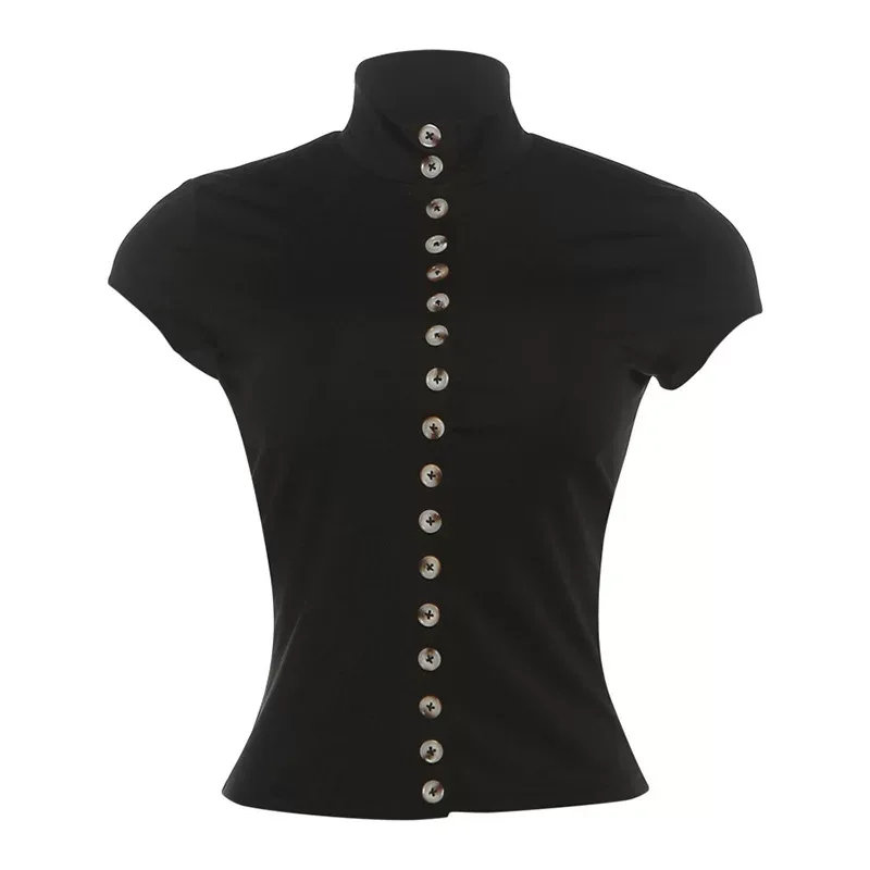 Womens Summer High Neck Button Detail Hollow Out Top Slim Fit Short Sleeve Solid Color Casual We