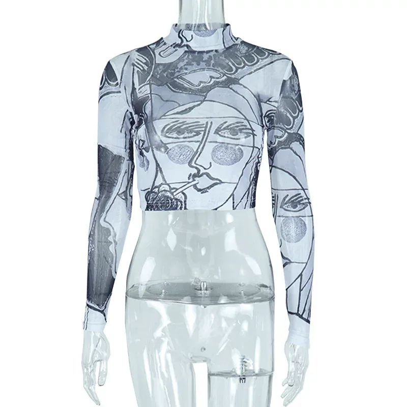 Womens High Waisted Cropped T Shirt Sexy Sheer Mesh Round Neck Long Sleeve Face Print Casual Wea