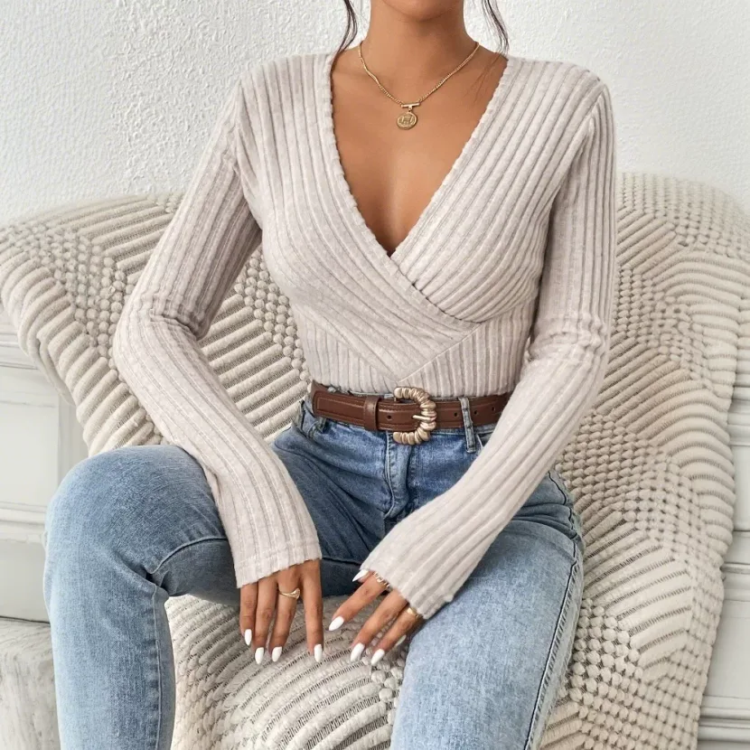 Womens Slim Fit V Neck Long Sleeve T Shirt Ribbed Fabric Soft Touch Elegant Style Spring Summer