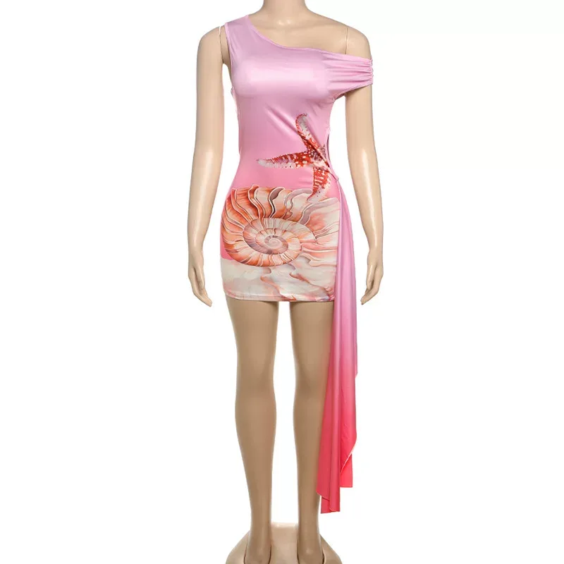Summer Womens Dress Fashionable Abstract Print Slim Fit Asymmetrical Shoulder Flowing Design Per