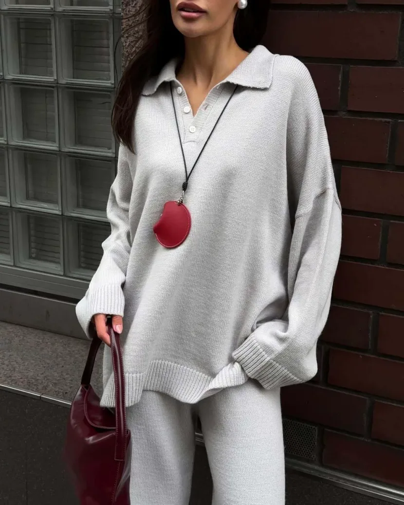 Womens Autumn Winter Solid Color Polo Neck Sweater Set Loose Fit Knit Sweater and Wide Leg Pants