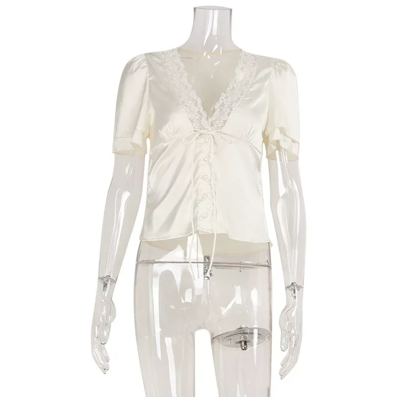 French Lace Panel Tie T Shirt Slim Fit Short Sleeve Summer Style Perfect for Casual Outings Whol