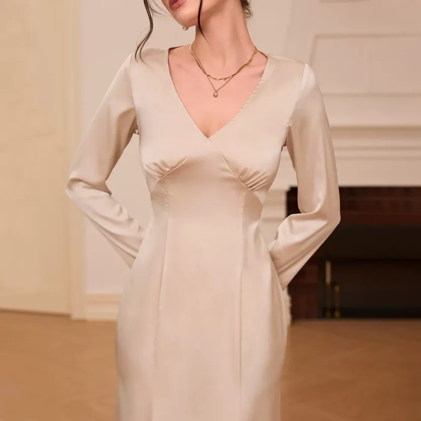 French V Neck Satin Maxi Dress High Waist Slim Fit Elegant Style Perfect for Autumn and Winter W