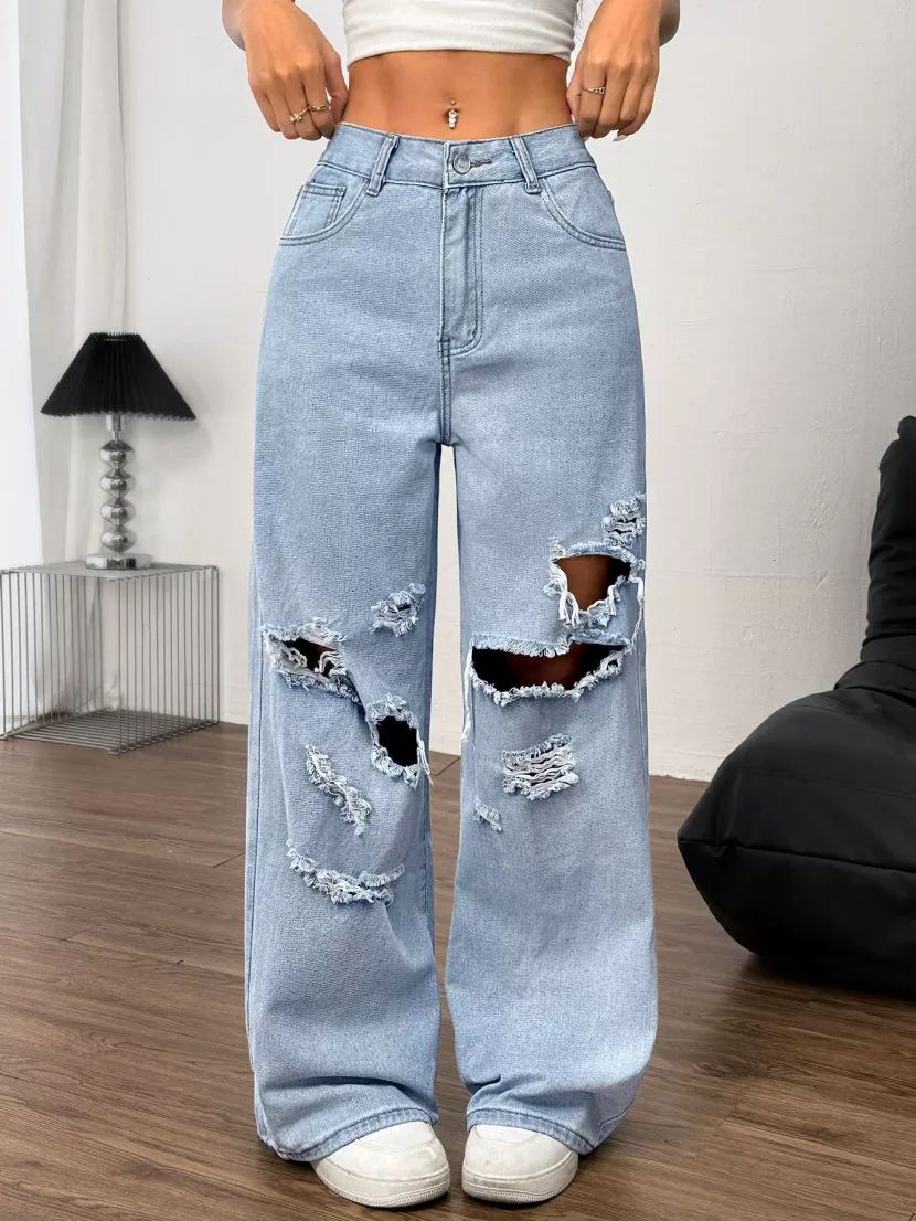 Loose Fit Butterfly Embroidered Ripped Denim Pants Womens Casual Style Perfect for Everyday Wear