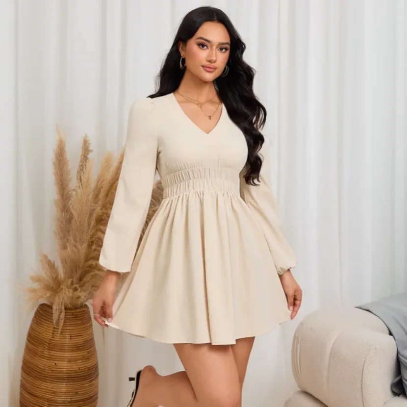 Elegant Womens Dress Versatile Slim Fit V Neck Elastic Waist Spring Summer Style Wholesale Avail