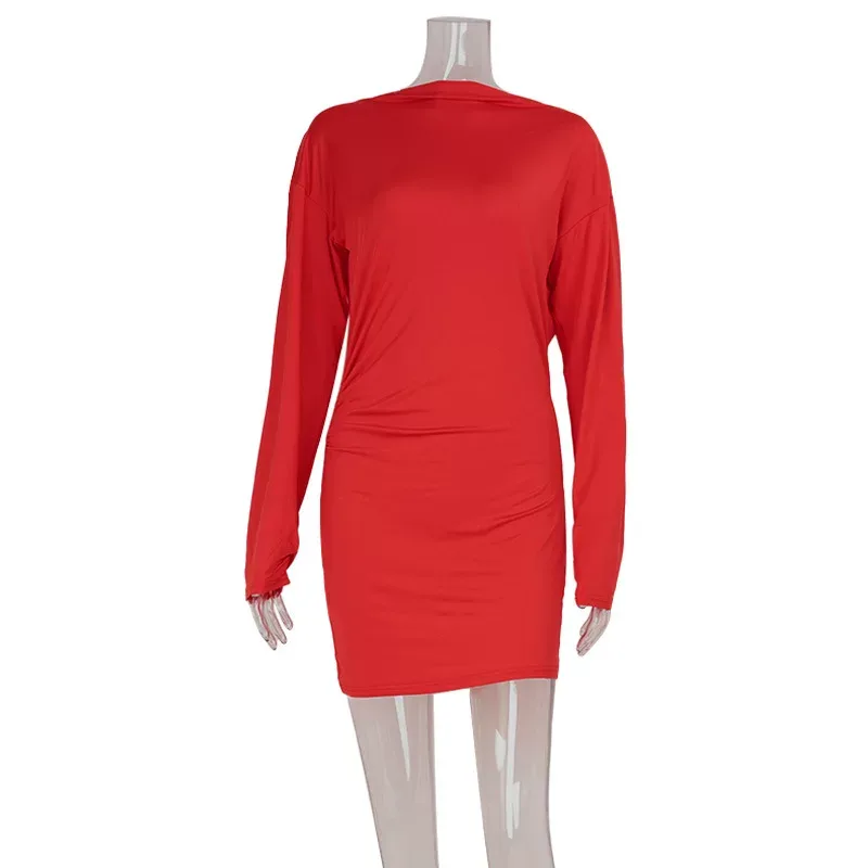 Elegant Red V Neck Backless Dress Slim Fit Solid Color Sophisticated Style Perfect for Parties a