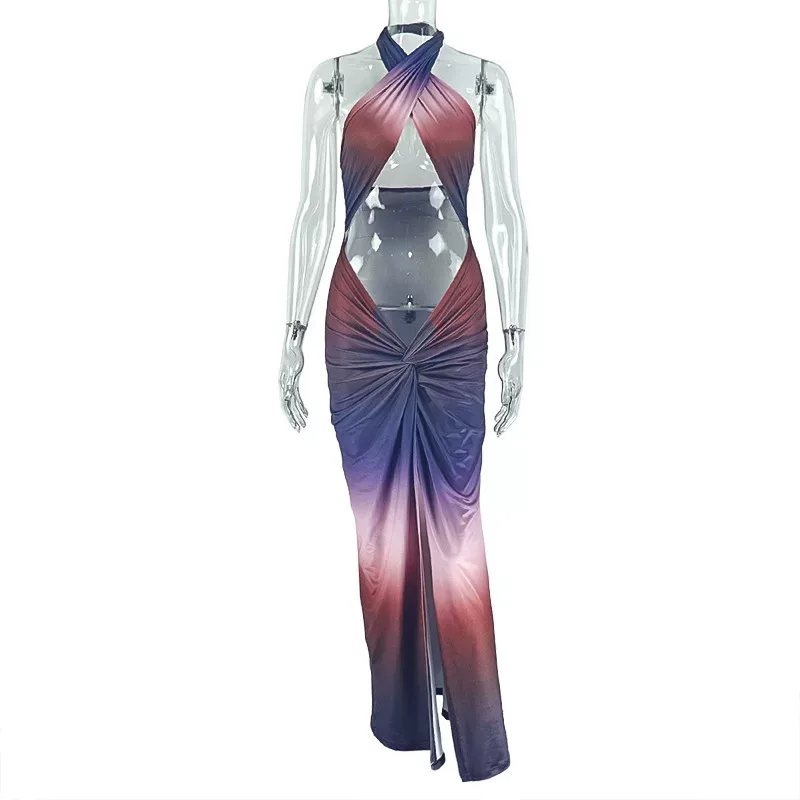 Gradient Color Print Bodycon Dress Sexy Halter Neck High Slit and Cropped Design Perfect for Par