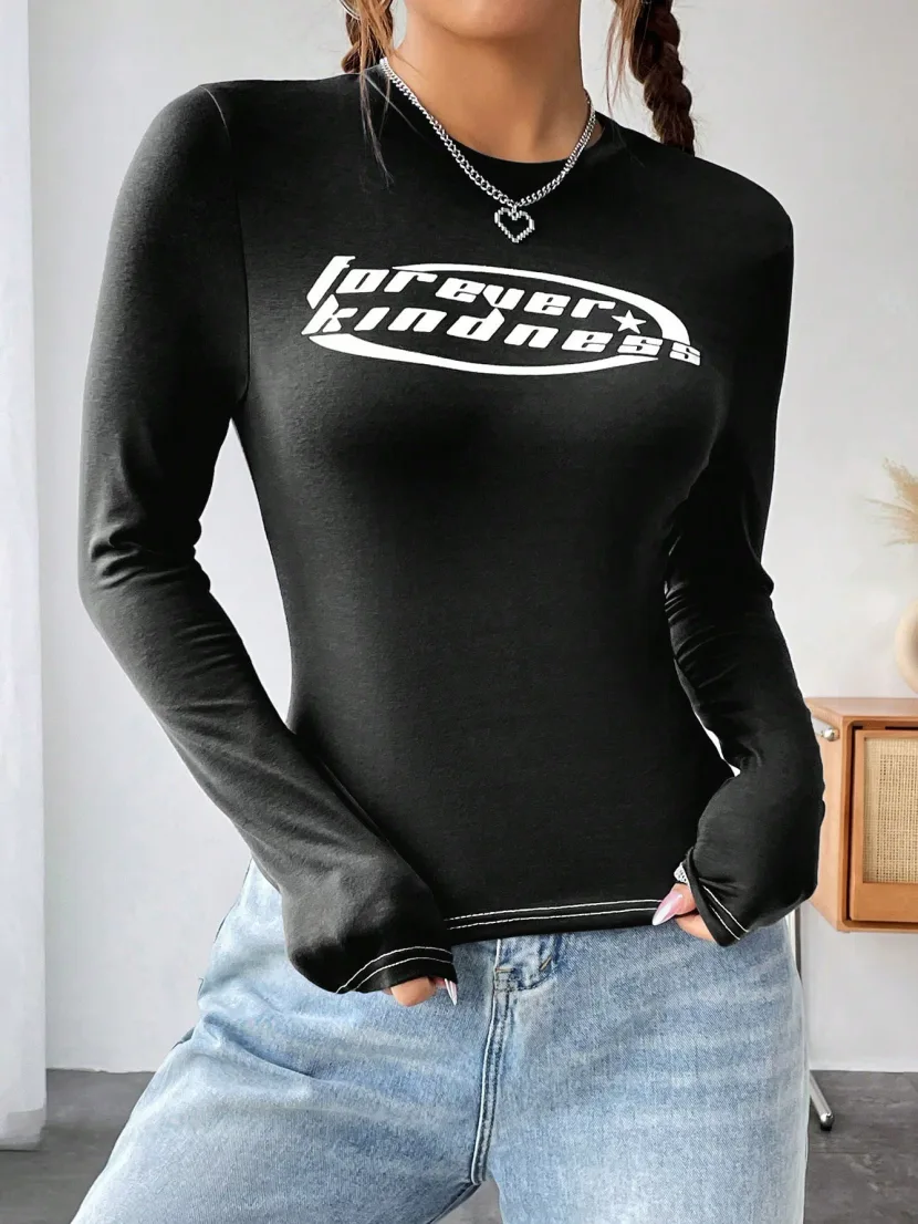 Fashionable Womens Long Sleeve T Shirt Round Neck Printed Casual Style Perfect for Everyday Wear