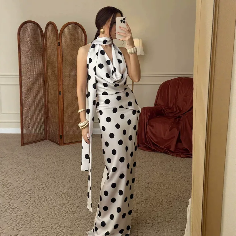 Polka Dot Print Two Piece Set Multicolor Sleeveless V Neck Summer Skirt Casual Wear Wholesale Av