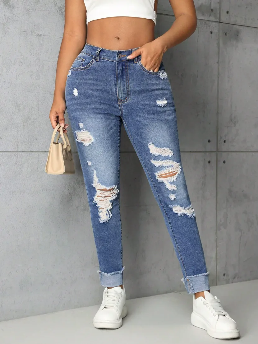 Womens Slim Fit Ripped Straight Leg Jeans Trendy Casual Style Perfect for Everyday Wear Wholesal