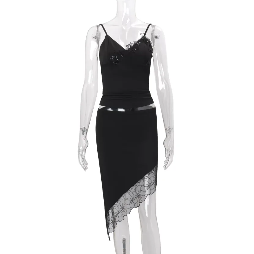 Womens Spring Set Sexy Solid Color Cami Top with Irregular Hem Skirt Stylish Casual Wear Wholesa