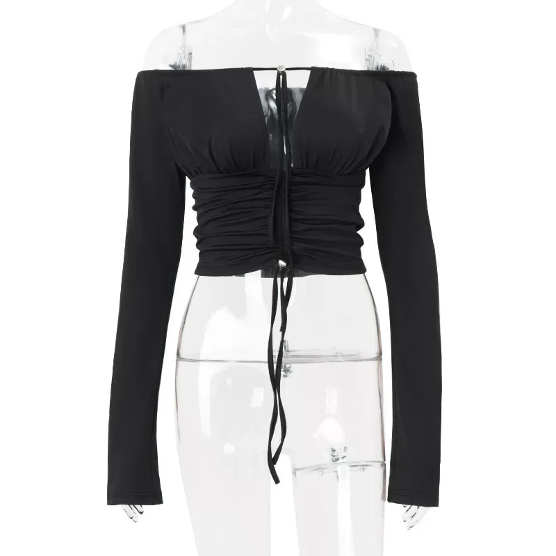 Womens Long Sleeve Off Shoulder Crop Top Solid Color Hollow Out Lace Up Design Trendy Autumn Fas