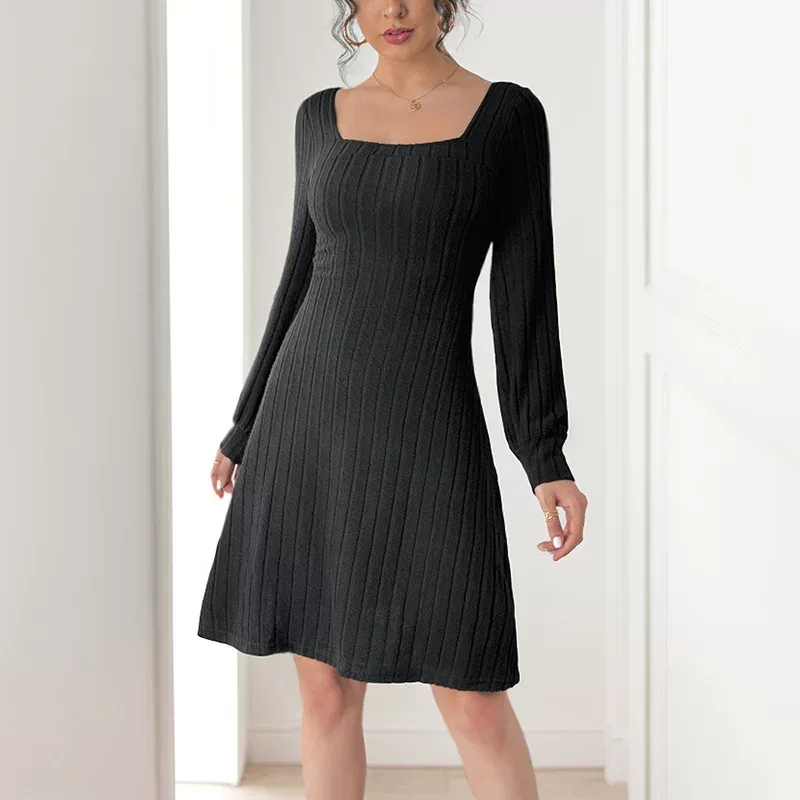 Lace Backless Knitted Dress Bow Tie Detail Square Neck Solid Color Elegant Evening Wear OEM Avai