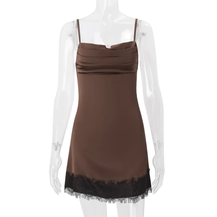 Summer Satin Lace Trim Cami Dress Sexy Backless Design Elegant Evening Wear Wholesale Available