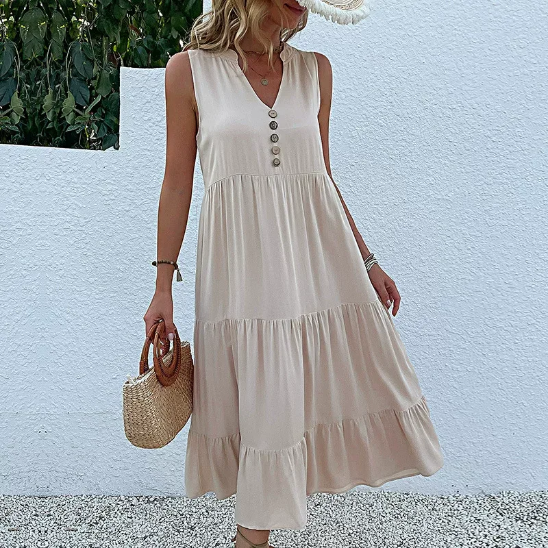 Summer Casual Sleeveless Dress Loose Fit Solid Color Comfortable Fabric Perfect for Everyday Wea