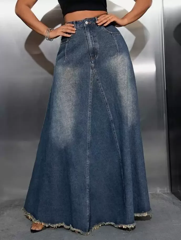 Vintage Washed Denim Maxi Skirt Versatile Comfortable Stylish Perfect for Casual Outings Wholesa