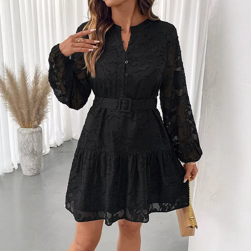 Elegant Black Jacquard Dress Round Neck Long Sleeve Spring Fall Style Perfect for Casual or Form