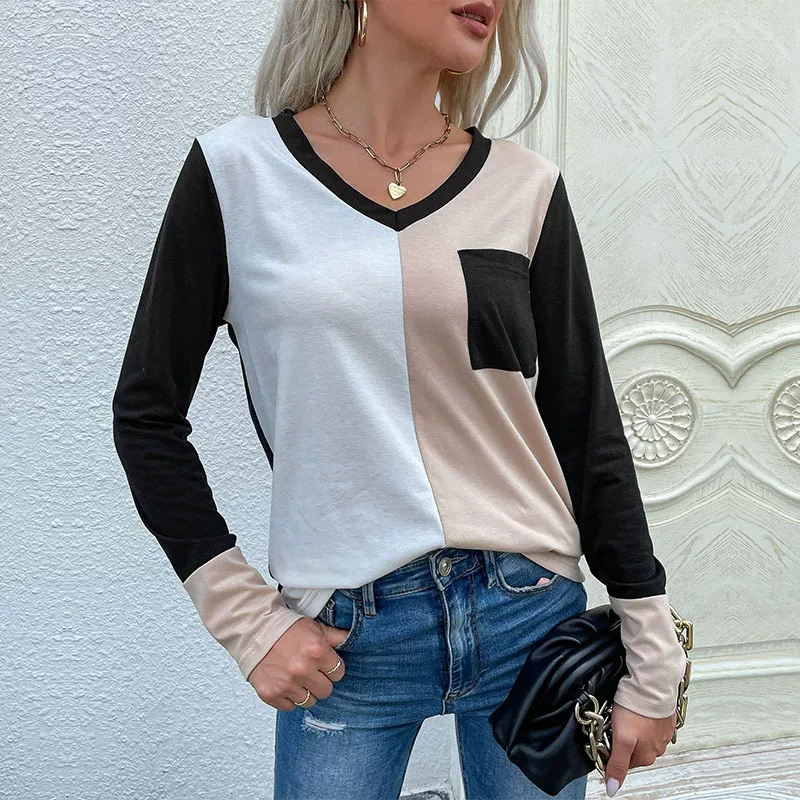Loose Fit Womens Long Sleeve T Shirt Color Block Design V Neck Comfortable Fabric Casual Wear Wh