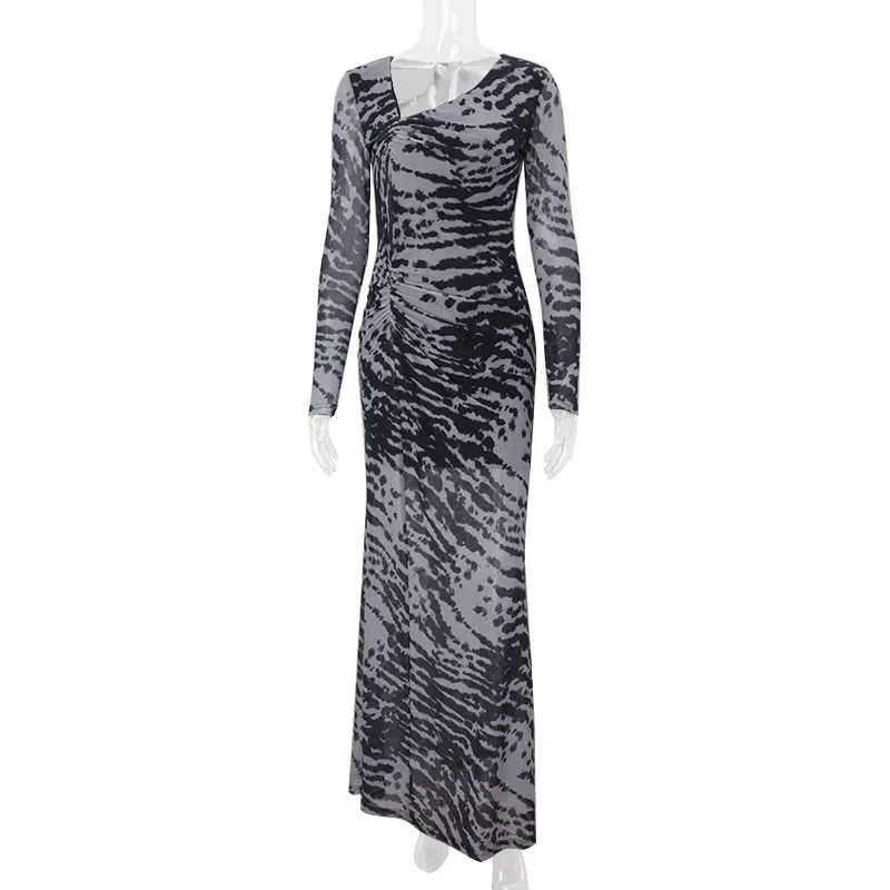 Zebra Print Off Shoulder Long Sleeve Dress Vintage Style Slim Fit Fashionable Design Autumn Coll