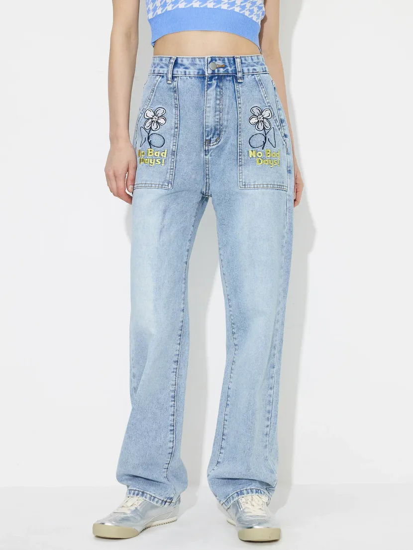 High Waisted Embroidered Wide Leg Jeans Loose Fit Denim Fabric Casual Style Ready to Ship factor