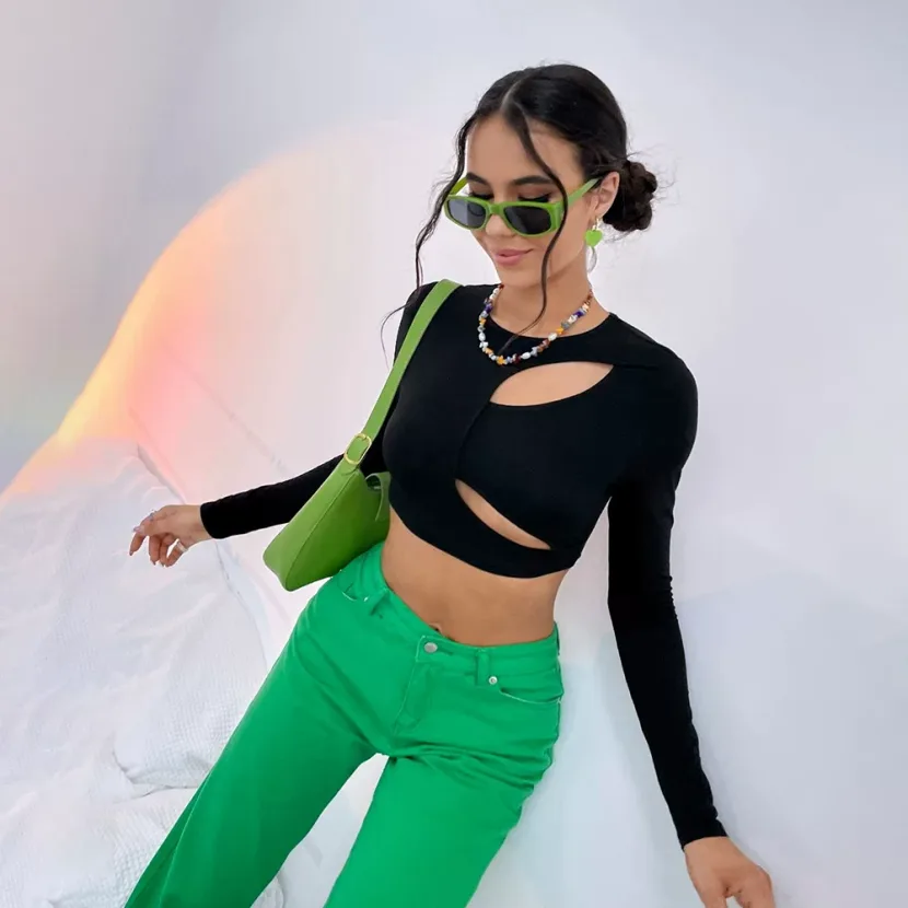 Womens Casual Hollow Out Slim Fit Crop Top Long Sleeve Street Style Trendy Design Perfect for Ev