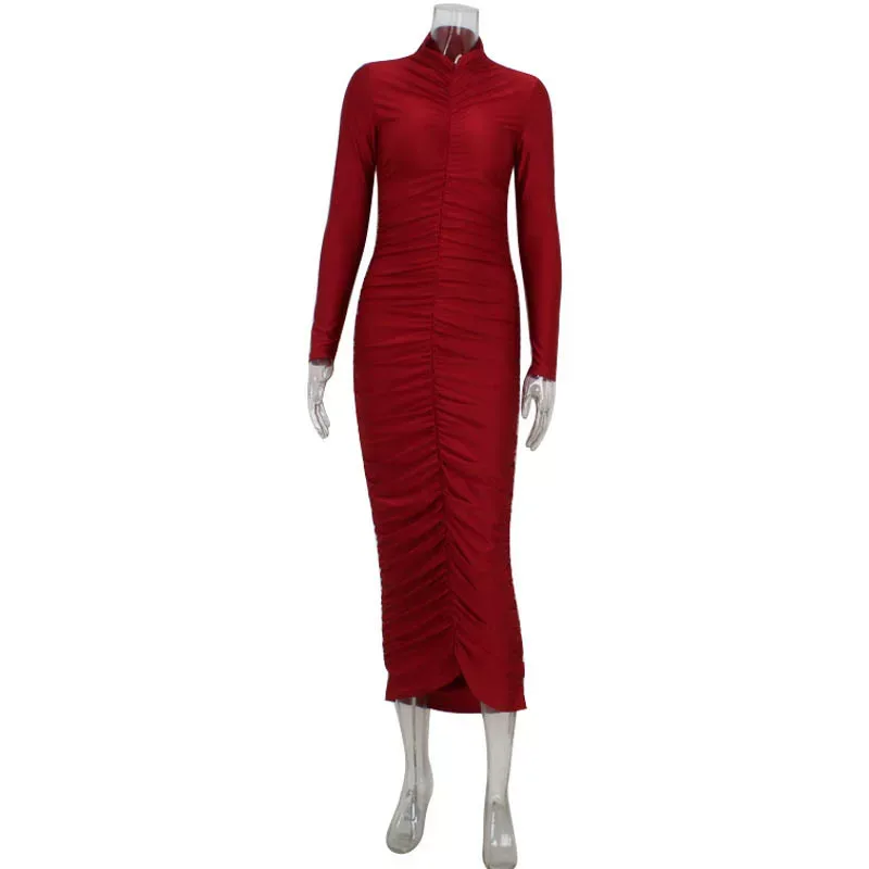 Vintage Red High Neck Long Sleeve Bodycon Maxi Dress for Women Elegant Fit Autumn Winter Style W