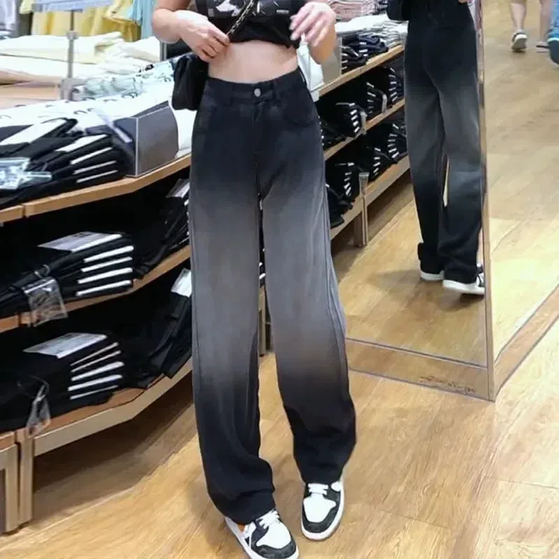 黑色渐变阔腿牛仔裤女2023新款大码高腰宽松显瘦垂感直筒拖地长裤