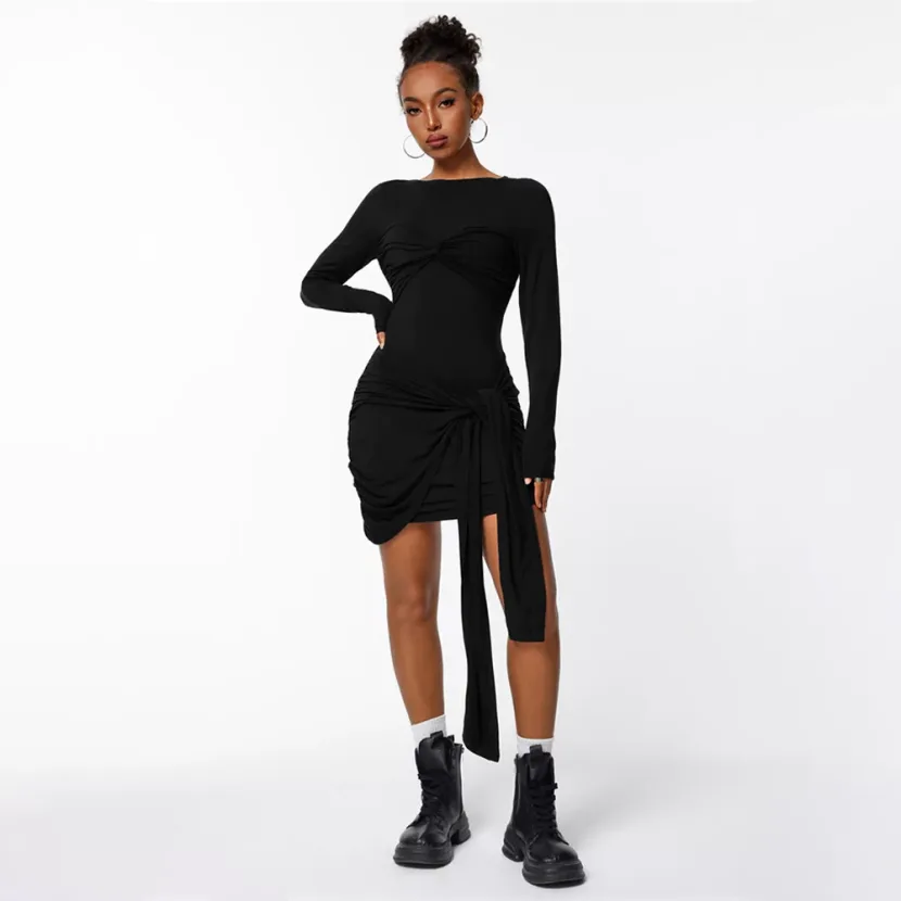 Elegant Womens Dress Unique Design Pleated Waist Defining Slim Fit Autumn Winter Fashion Wholesa